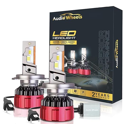 cars headlights 4 Audio Wheels H4-110W Car Led Headlight Bulbs, 16,000 Lumens Super Bright LED Headlight Conversion Kit for Cars 6000K Cool White Quick Installation Halogen Replacement, Pack of 2 (H4-110W)